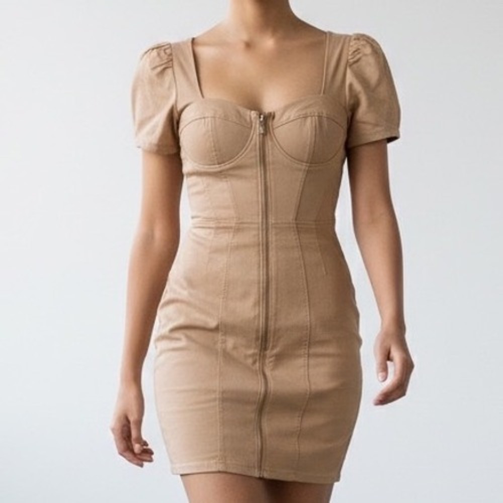 Haute Monde tan Corset Front Dress Puff Sleeve Mini‎ steampunk bodycon milkmaid